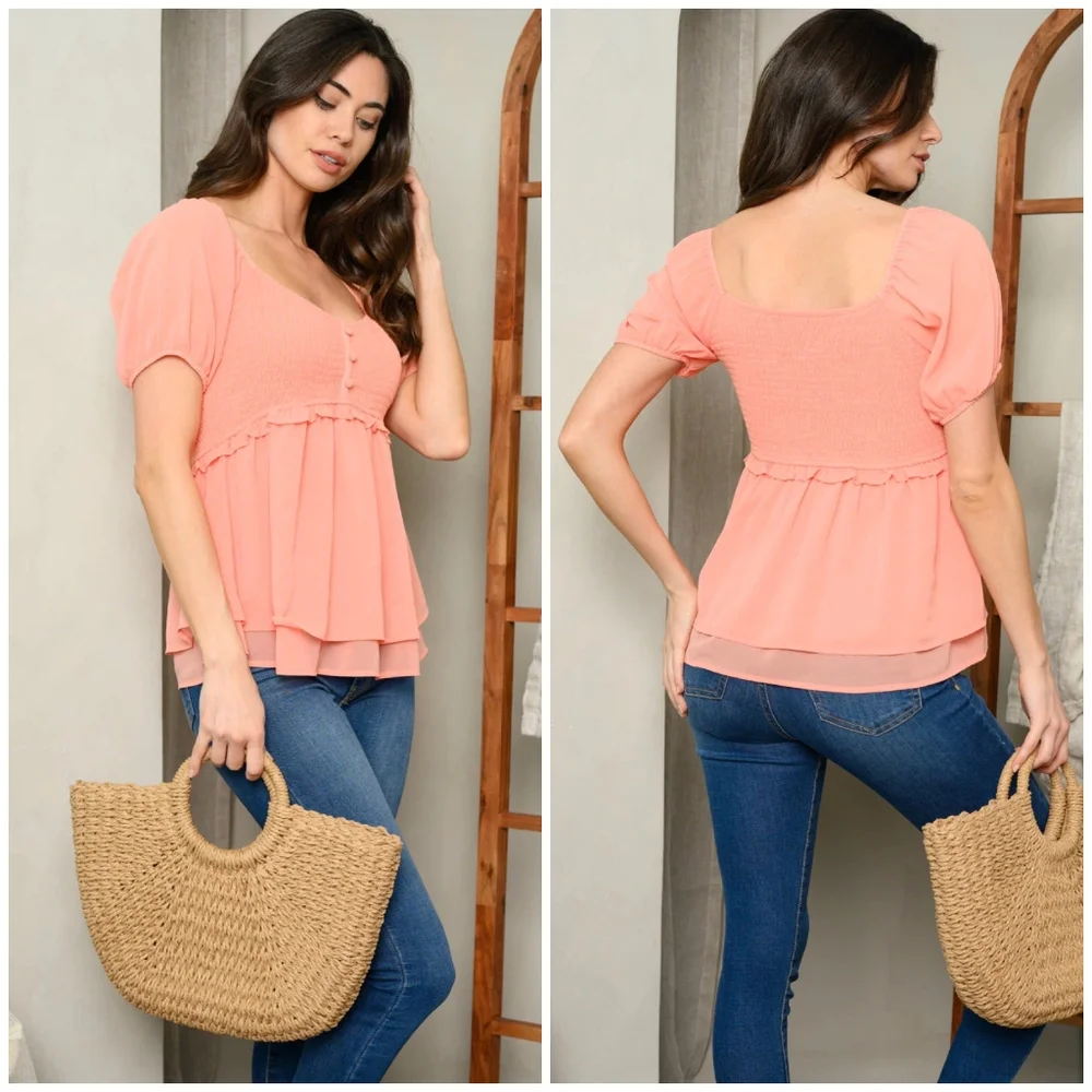 BaeVely Vintage Chic Salmon Short Sleeves Babydoll Top - Picture 6 of 6